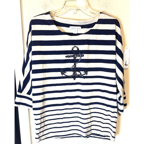 Coldwater Creek Breton Stripe Top Beaded sequins Shirt Size S/8 Nautical Anchor - Picture 1 of 8